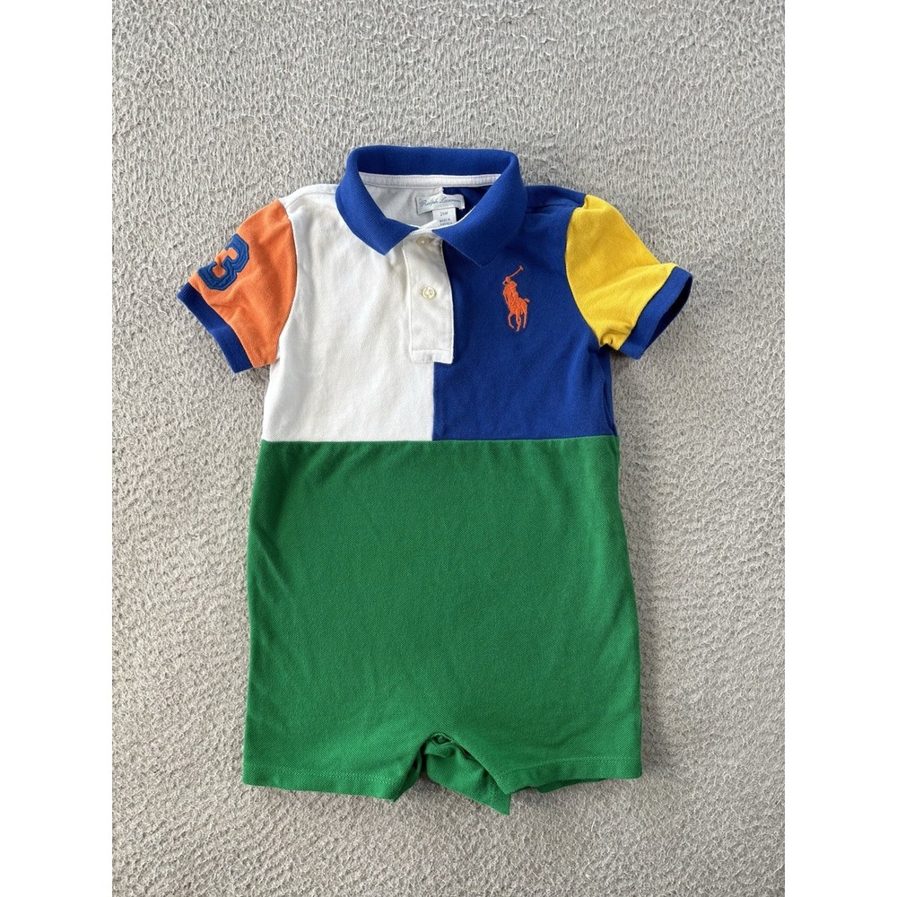 Ralph Lauren Polo Shortall 24 Months Cotton Mesh Colorblock Big Pony Romper